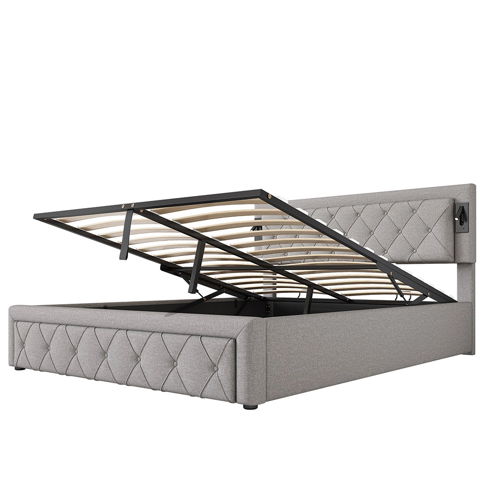 Letto imbottito 160x200 - Xylo - Grigio lino con downlight USB e spazio di archiviazione