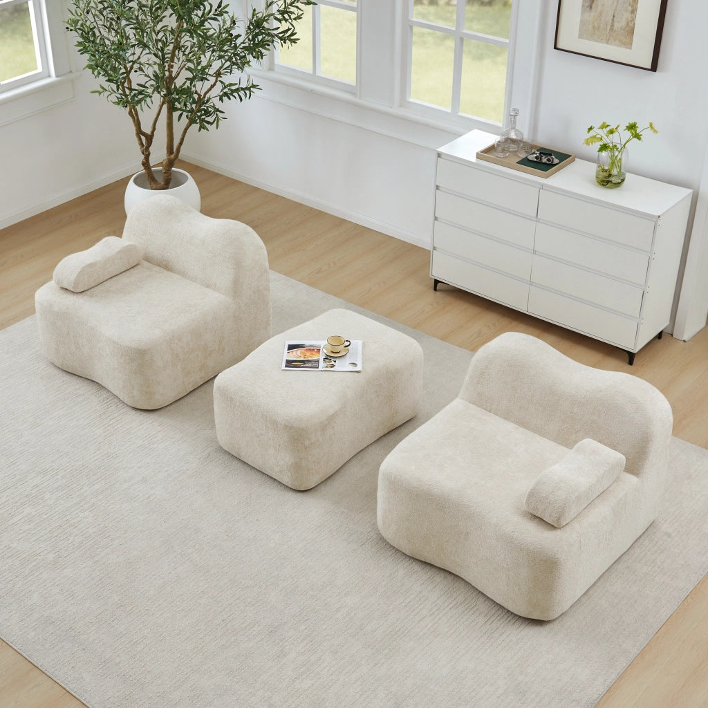 Divano angolare modulare 2-4 posti con pouf; forma ondulata; velluto beige
