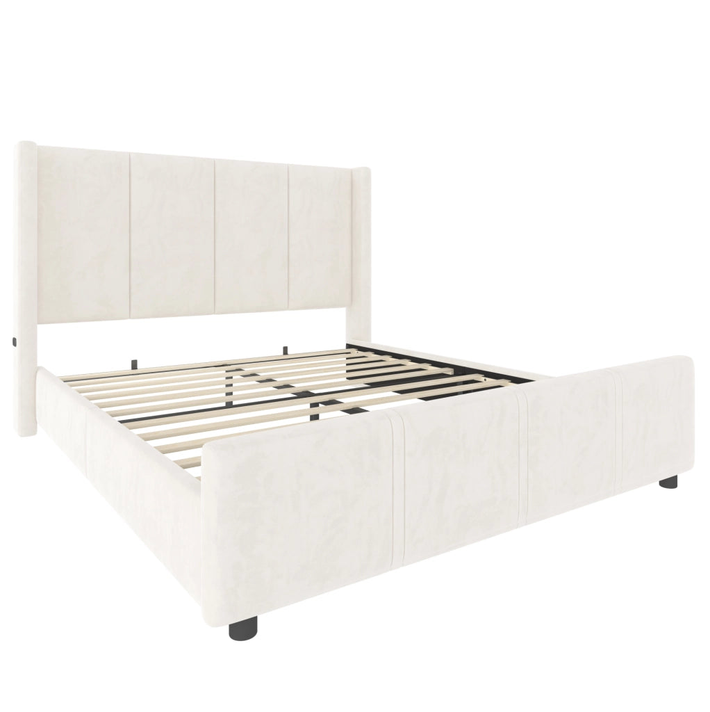 Letto matrimoniale 140x200 cm in velluto beige con USB/Type-C