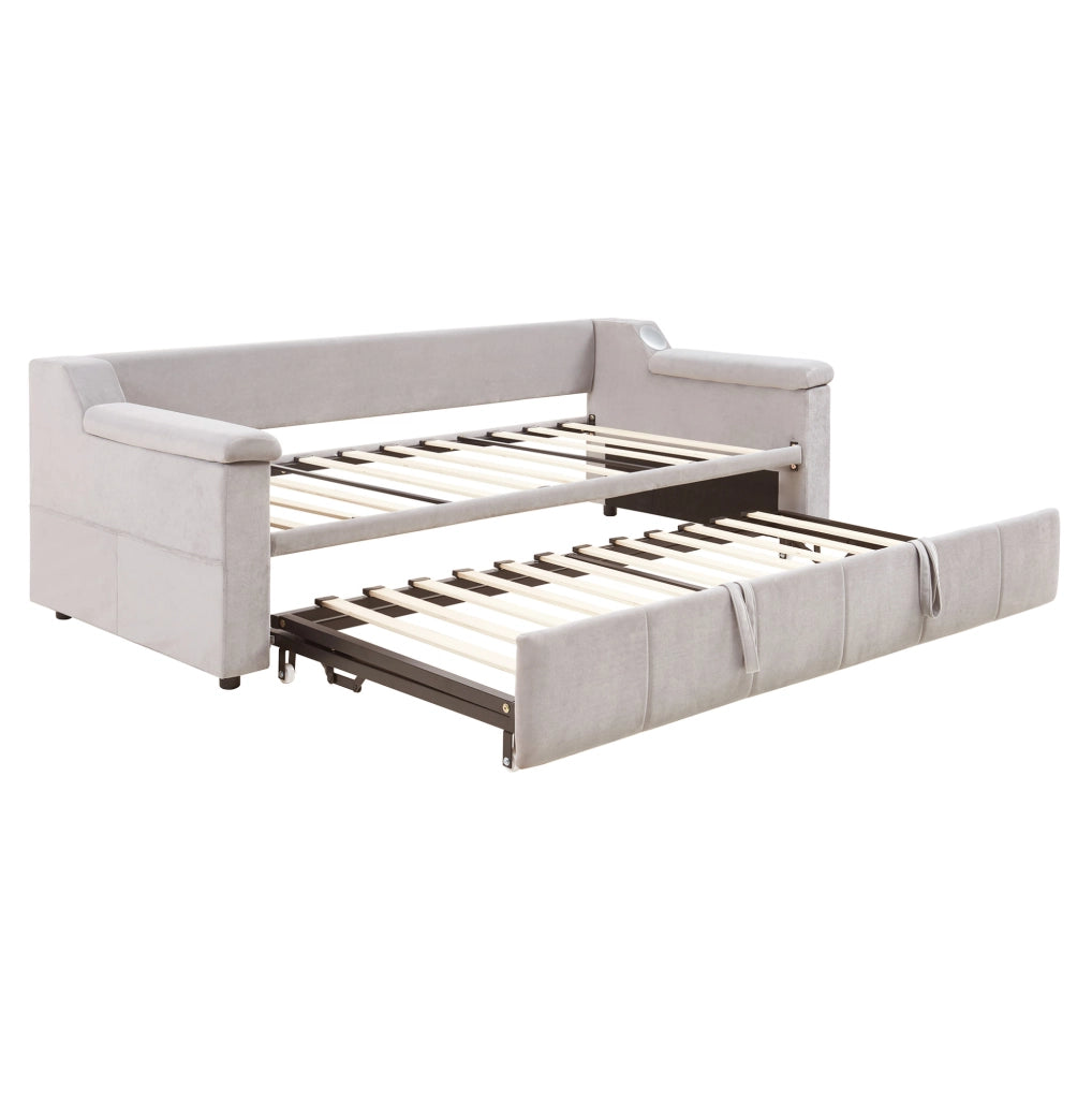 Divano letto matrimoniale estensibile 90/180x190 cm in velluto beige con Bluetooth e USB