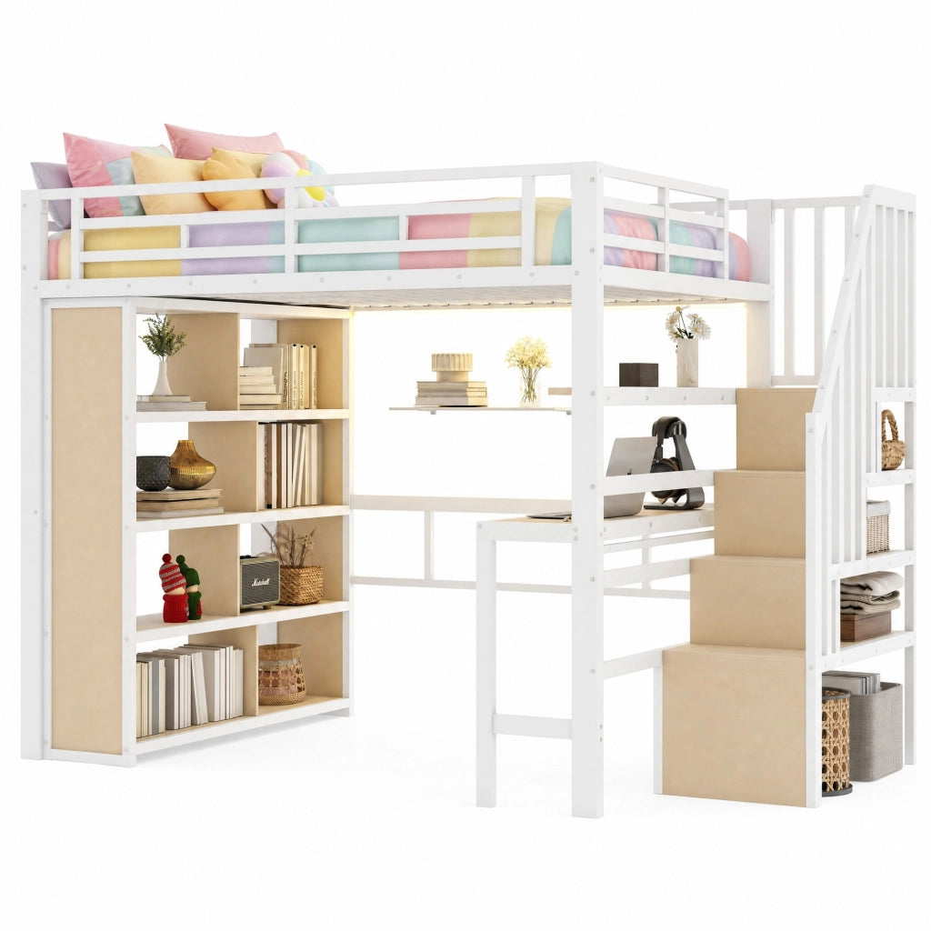 Letto a soppalco 140x200 cm con scrivania e LED in metallo e MDF bianco