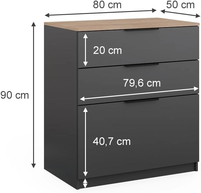 Cassettiera per camera da letto Betti, Antracite/Sonoma, 50 x 90 cm, per riporre e appoggiare oggetti in soggiorno o in camera da letto