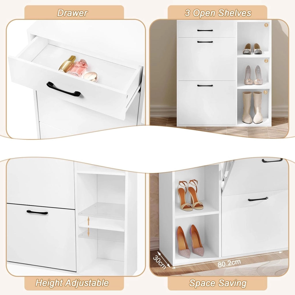 Scarpiera a Ribalta, Scarpiera da Ingresso con Ripiani Aperti, Porta Scarpe con Cassetto, Organizer per Scarpe, Stivali, in Legno, Bianco, 80,2x30x90 cm