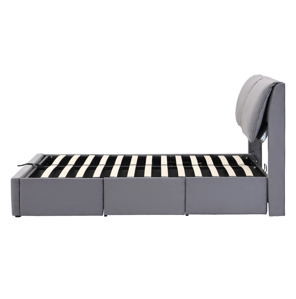 Letto in velluto grigio 140x200 cm con contenitore e 3 cassetti