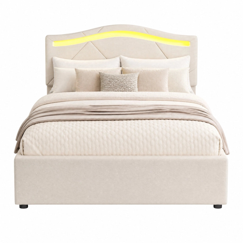 Letto imbottito 90x200 cm con rete a doghe, LED, 2 cassetti, testiera regolabile, beige