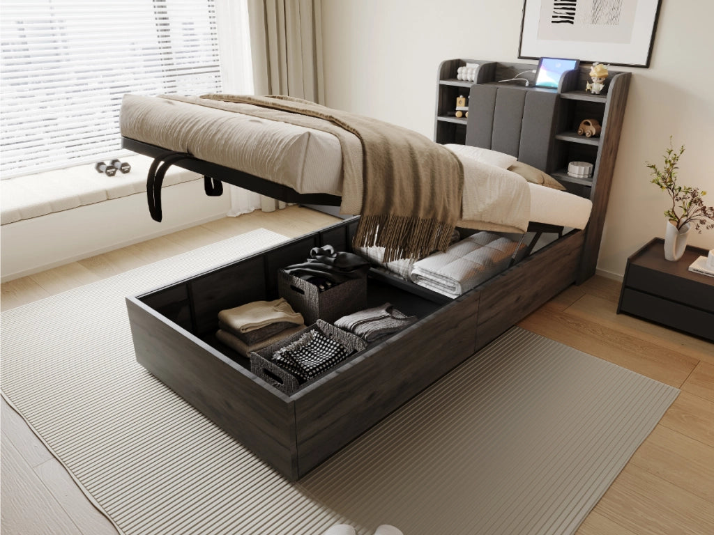 DESMIU Letto singolo 90 × 200 cm con contenitore idraulico, USB e Type-C, testiera con vani, senza materasso, in MDF, grigio