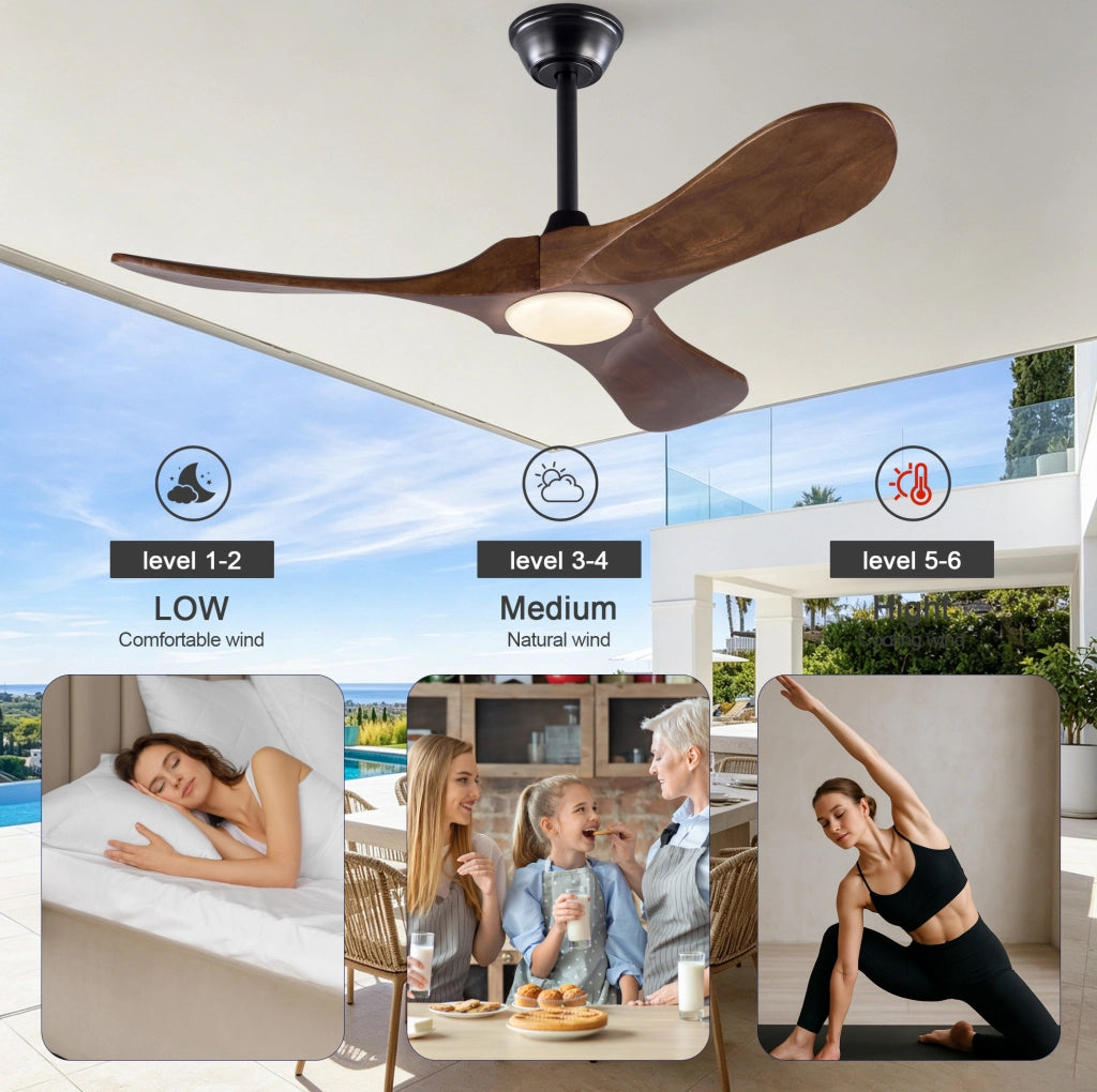 Ventilatore da soffitto con luce LED 42 pollici; 3 pale in legno massello noce; nero