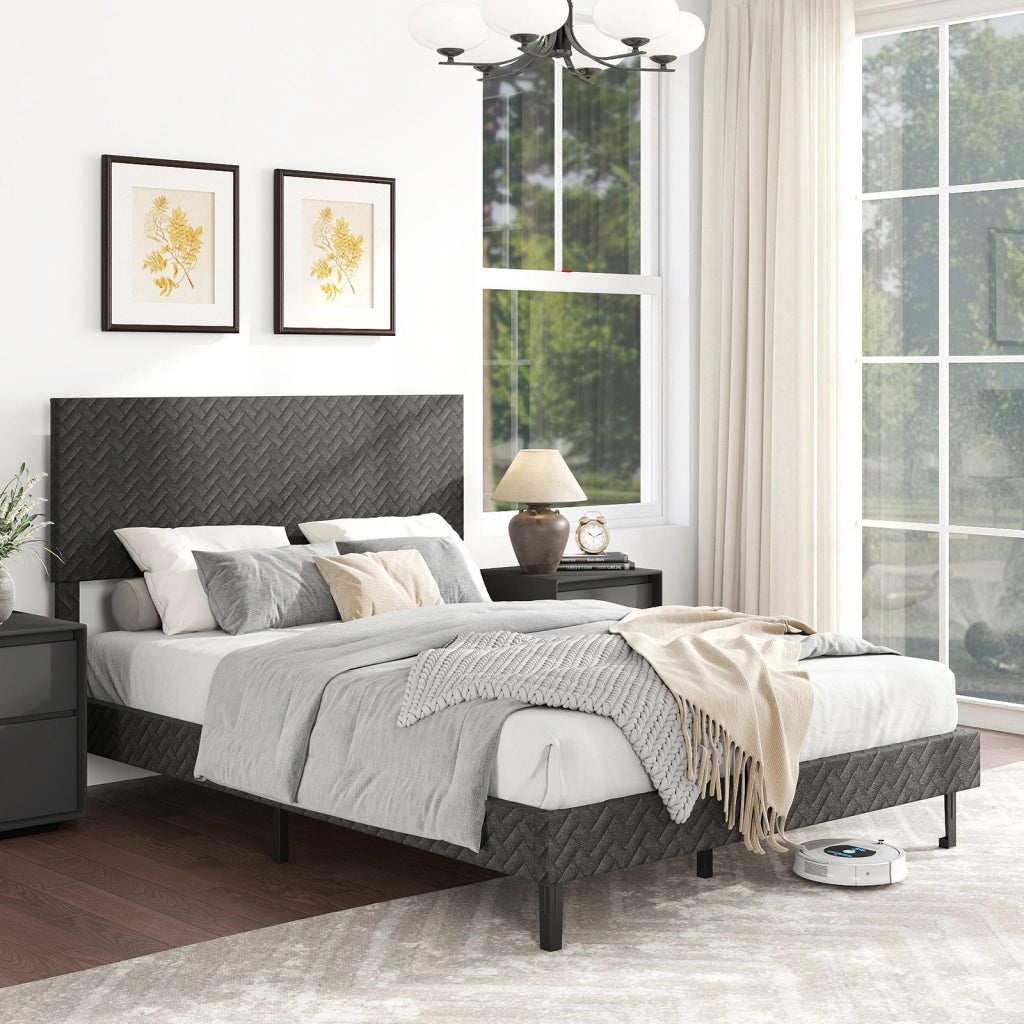 Telaio letto a piattaforma imbottito in lino con testiera chevron regolabile in altezza-Telaio letto a piattaforma silenzioso larghezza 144,5 cm