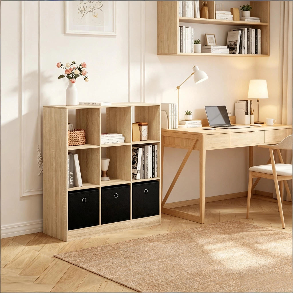 Scaffale a cubi freestanding con 3 cassetti in tessuto, libreria moderna in legno ingegnerizzato