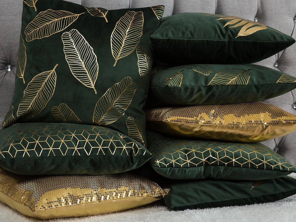 Set di 2 cuscini decorativi con motivo foglia di velluto verde 45 x 45 cm Accessori decorativi con stampa in lamina dorato
