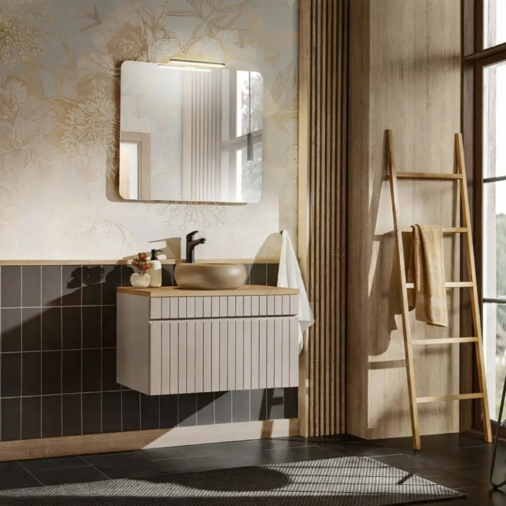 Set da bagno ICON: mobile sotto lavabo 80cm cachemire + piano per lavabo + lavabo da appoggio rotondo