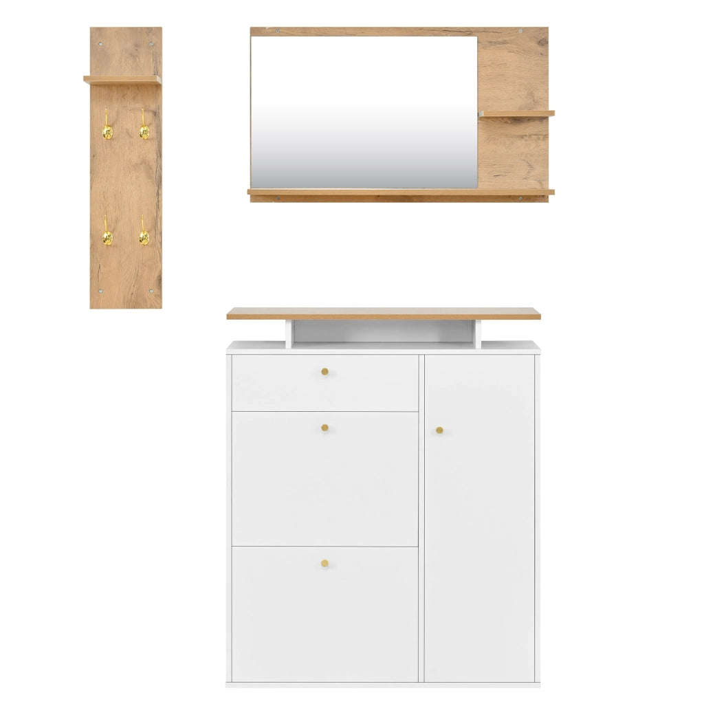 Mobile ingresso con specchio; LED e ganci - in truciolare - 105×25×151.5 cm - bianco