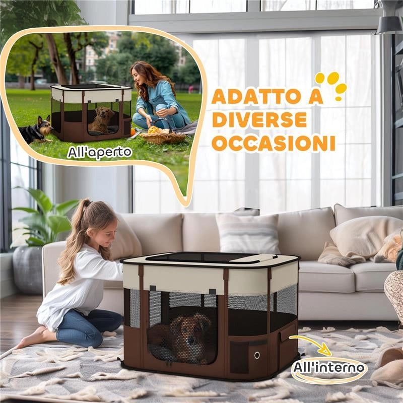 BOX PER ANIMALI CON 6 FINESTRE, 3 PORTE E 2 BORSE PORTAOGGETTI, POLIESTERE E ACCIAIO, 74X60X45 CM, MARRONE