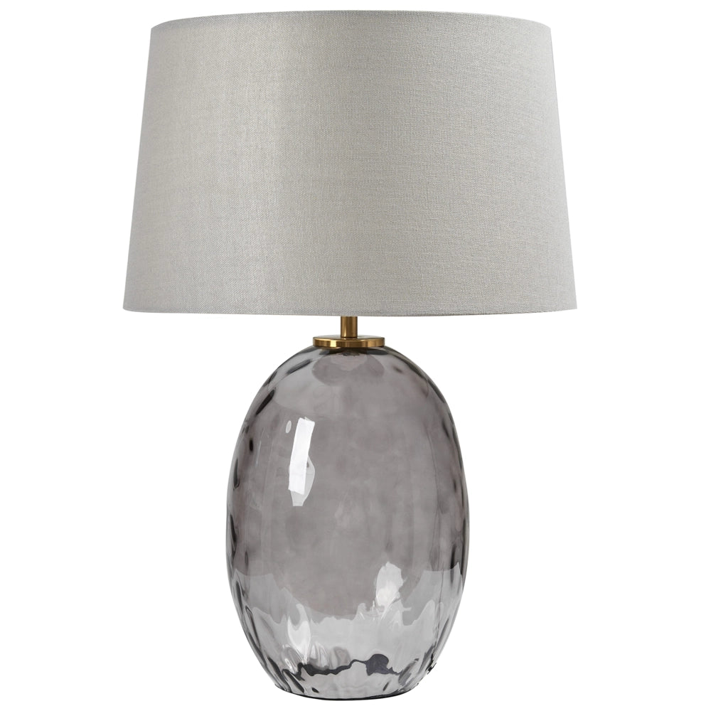 Lampada da tavolo Base in vetro fumé trasparente e grigio Paralume a tamburo in tessuto Design moderno