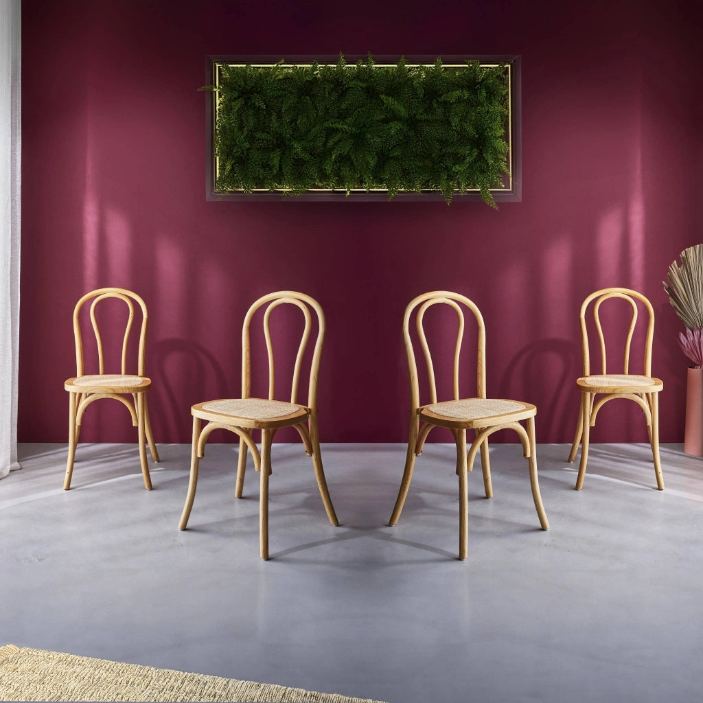 Set di 4 sedie vintage in legno e rattan, marrone naturale