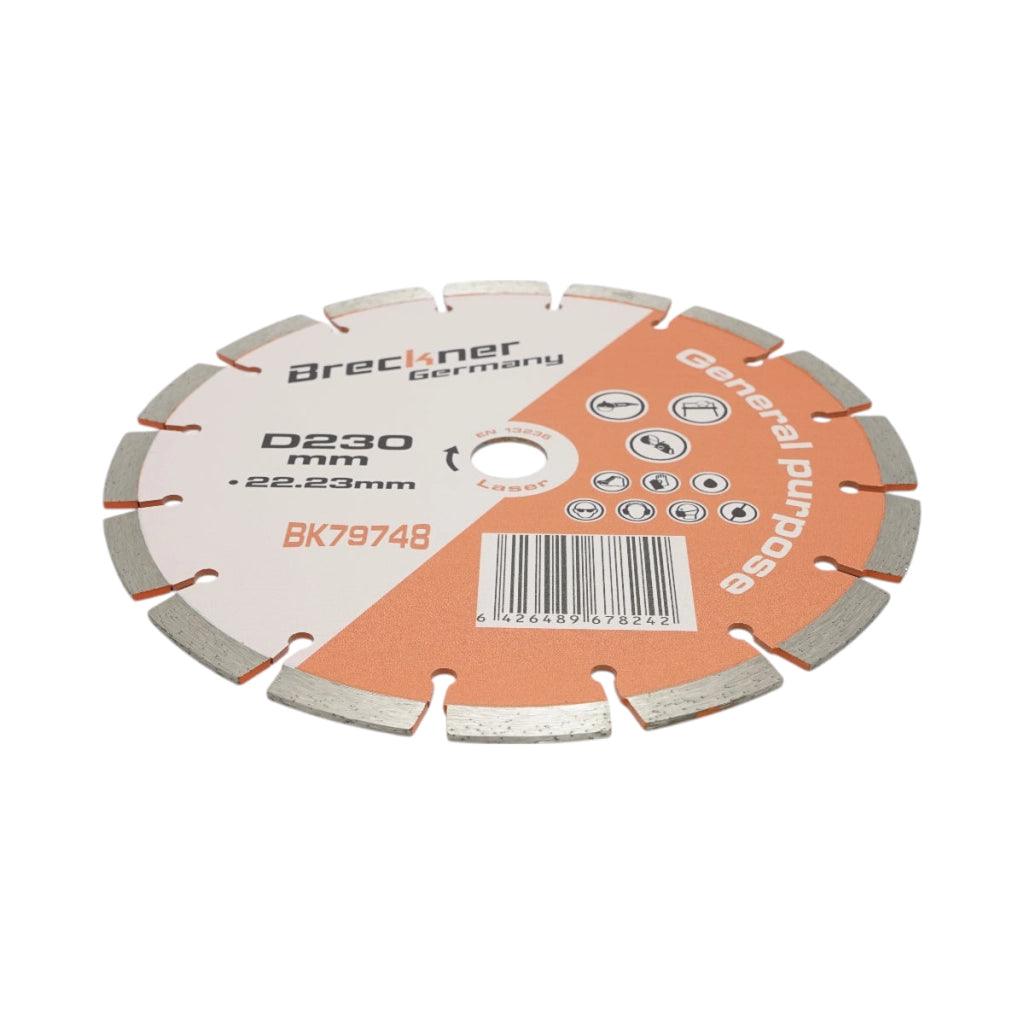 Disco diamantato segmentato 230x22,23 mm, segmento 10 mm per mattoni, calcestruzzo, muratura, archi, pietra Breckner Germany