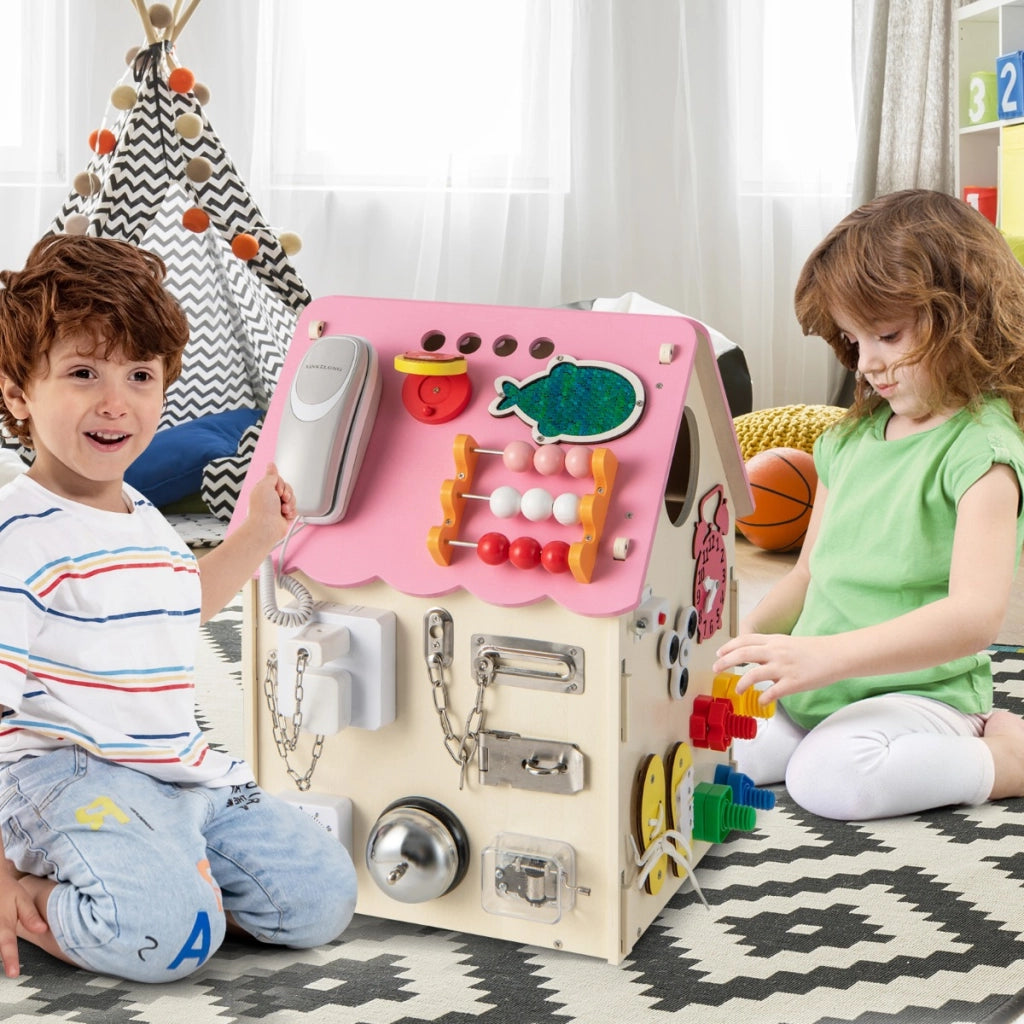 Casa giocattolo in legno degli ingranaggi-Montessori con giochi sensoriali e spazio interno per bambini Rosa