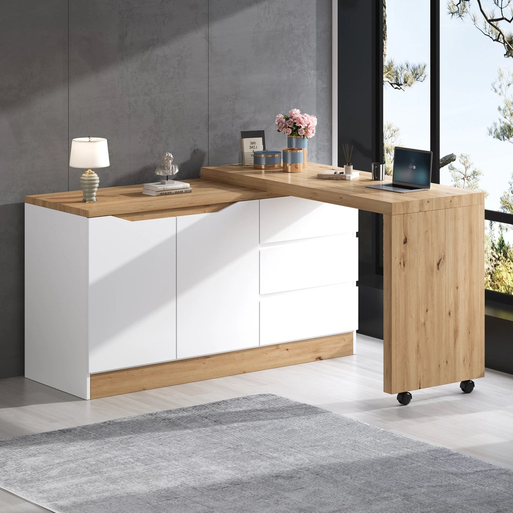Scrivania pieghevole multifunzionale con 2 ante, 3 cassetti e ruote frenanti, per studio, bianco e rovere 120 × 50 × 78 cm