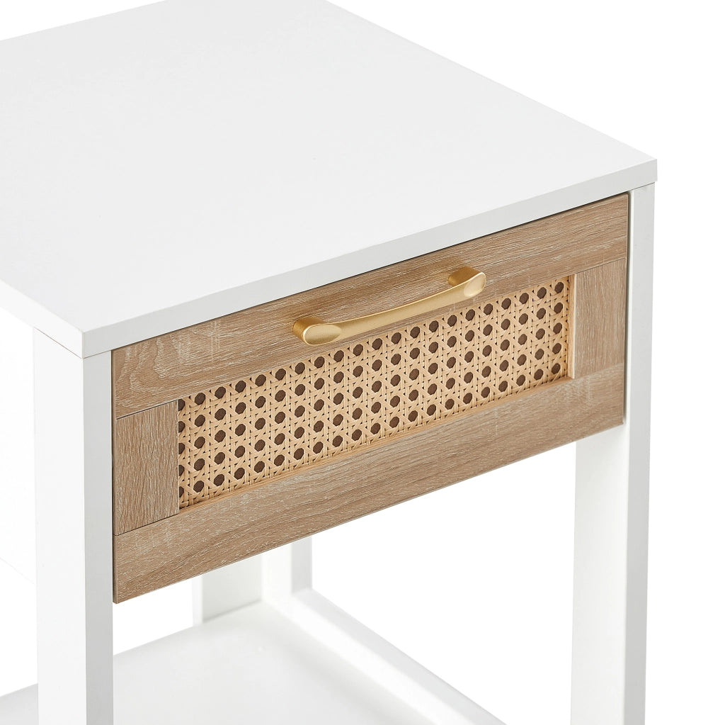 Comodino con cassetto; finitura rattan; in MDF; naturale e bianco