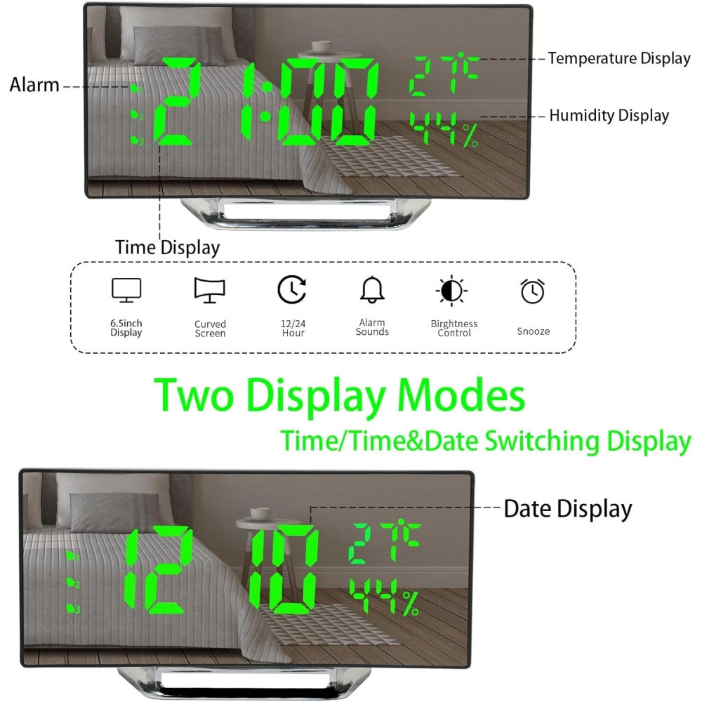 Trade Shop - Orologio Sveglia Digitale Con Datario Termometro Display A Specchio Da Tavolo -
