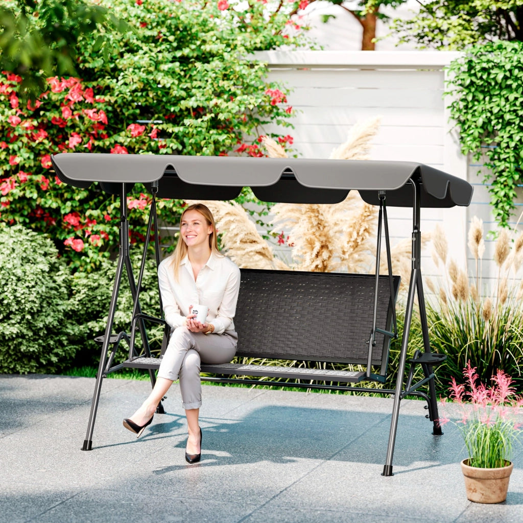 Dondolo da Giardino 3 Posti in Rattan PE e Acciaio ¨C zephmum ¨C Grigio 204x112x150 cm