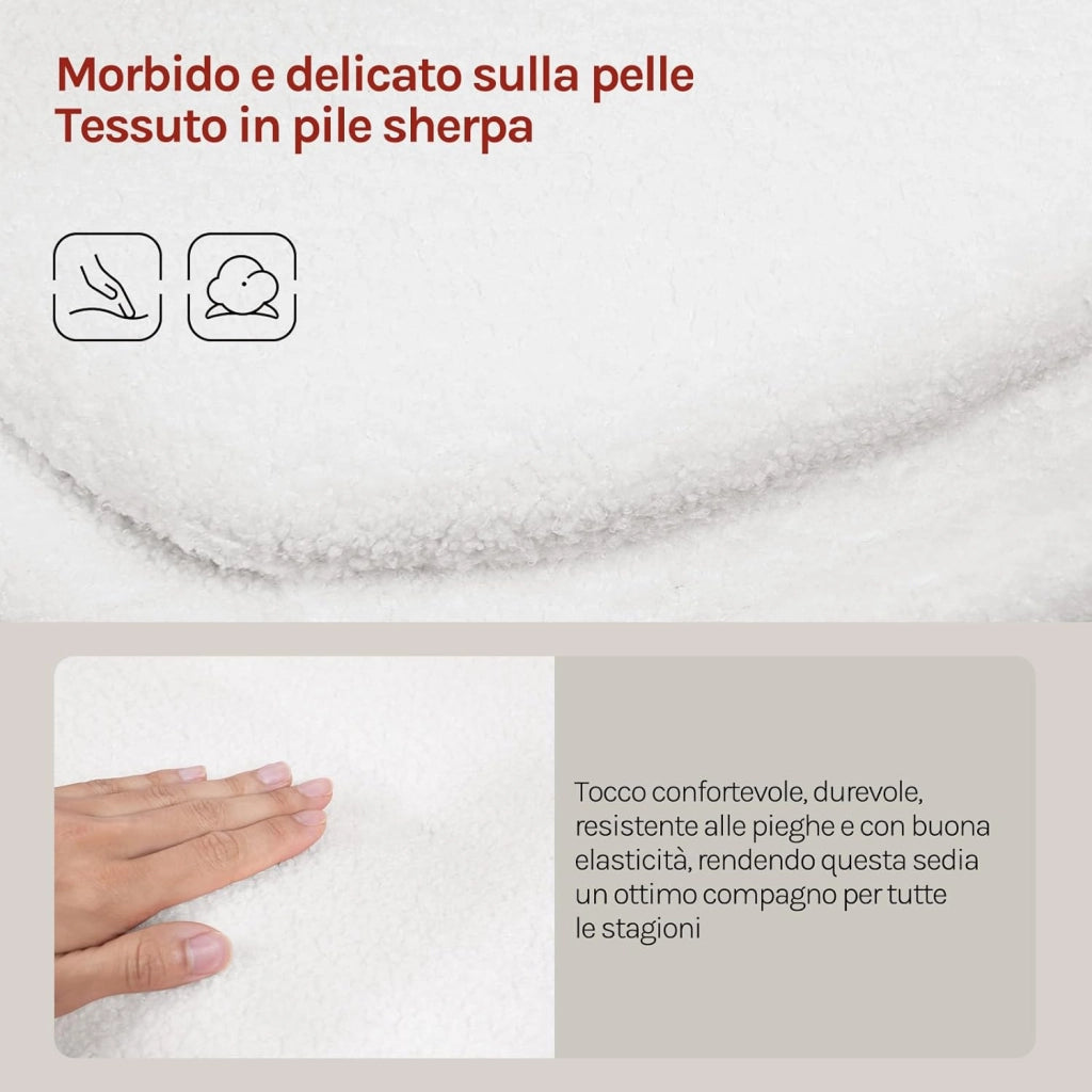 Sgabello per Toeletta Trucco con Schienale, Sedia Moderna Sala da Pranzo Girevole a 360°, Altezza Regolabile, in Tessuto Teddy e PU, per Camera da Letto, Ufficio Domestico, Bianco+Grigio