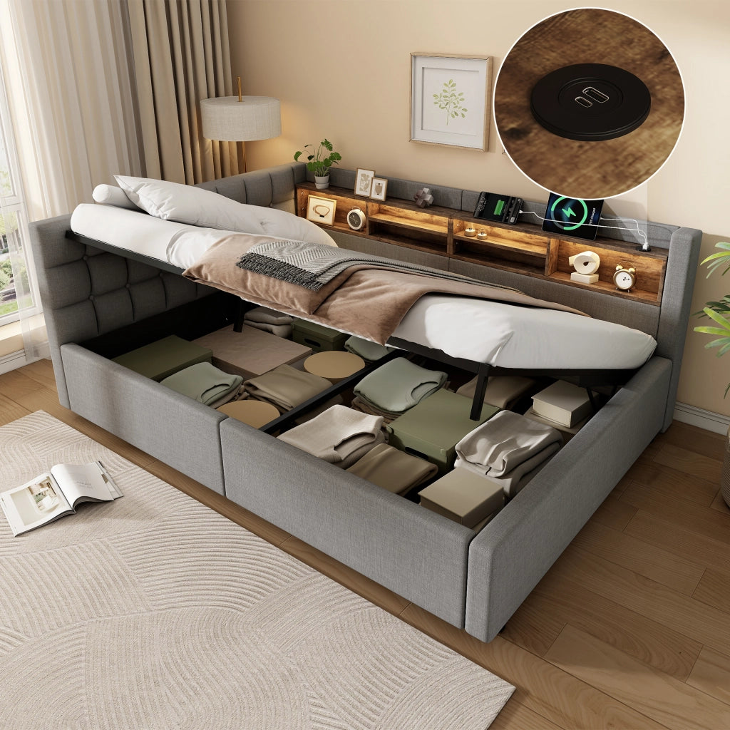 Letto matrimoniale contenitore 140x200 cm con sollevamento idraulico; LED; testiera con ripiano e USB; grigio