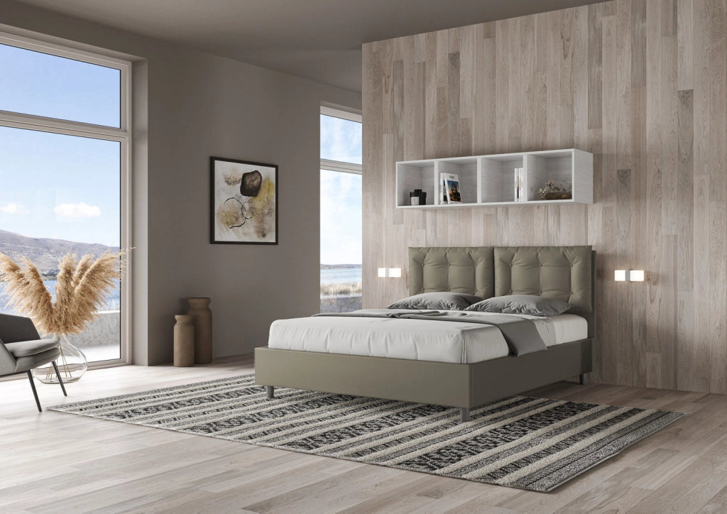 Letto Matrimoniale 160x190 cm con Rete e Contenitore con Alzata Comoda Imbottito in Similpelle Annalisa Cappuccino