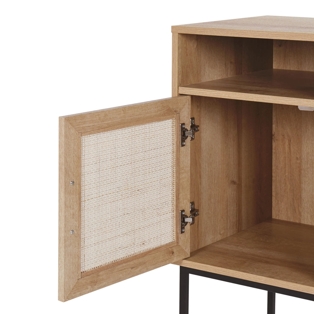 Comodino Moderno con Anta in Rattan Naturale 77 x 40 cm Legno Chiaro