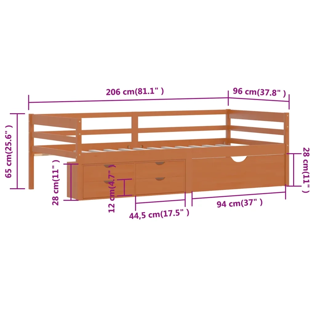 Letto singolo | Letto per adulti | Giroletto con Cassetti Grigio Scuro in Legno di Pino 90x200 cm