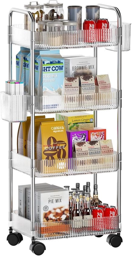 Carrello multifunzionale con 4 livelli e maniglia, carrello mobile con ruote, carrello multifunzionale con cassetti rimovibili per cucina, ufficio, bagno, lavanderia, trucco, tubo in alluminio.