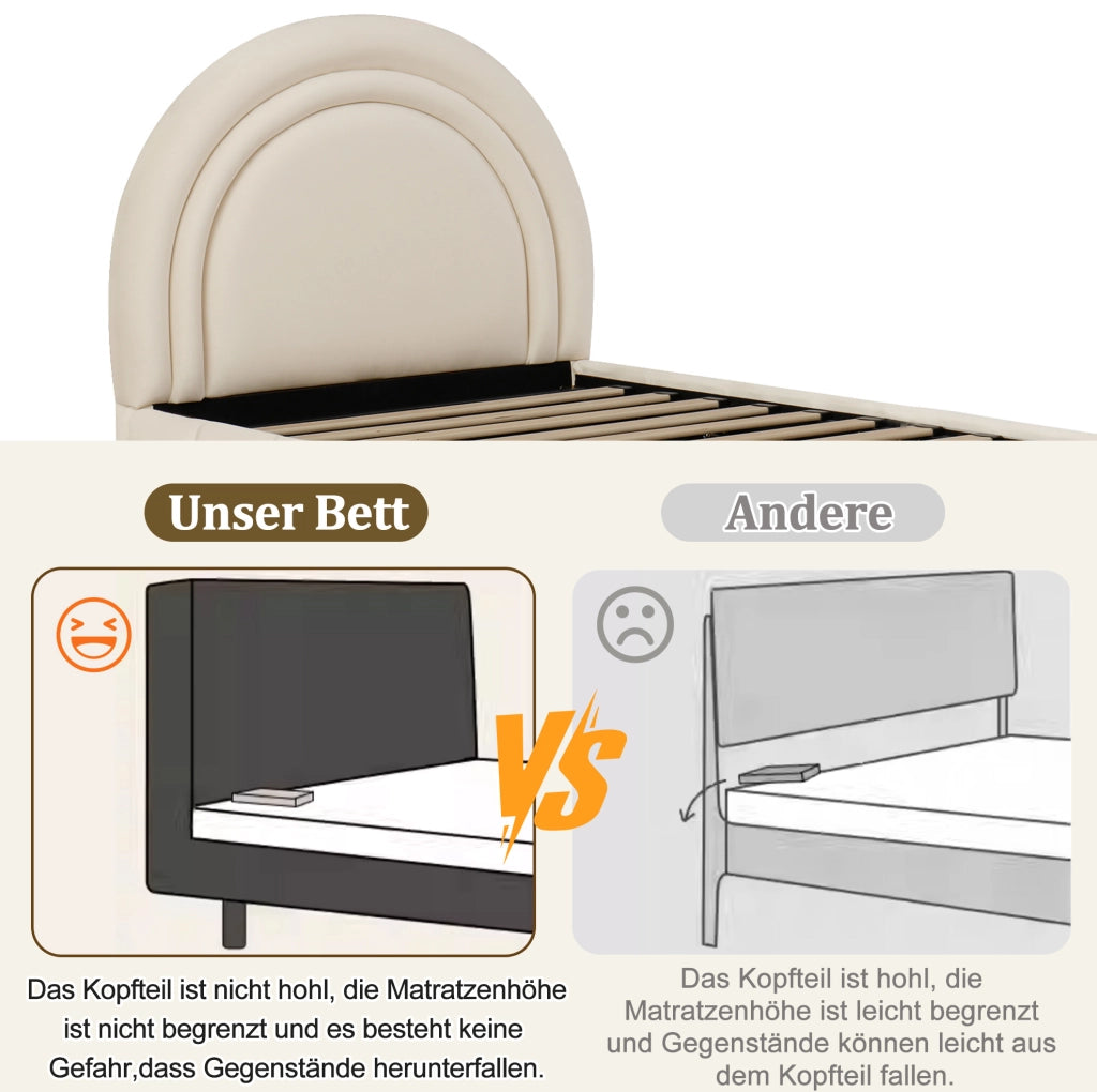 Letto imbottito per bambini 90x200 cm con contenitore idraulico; testiera alta in velluto beige