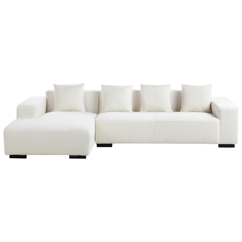 Divano angolare 4 posti in tessuto bouclè bianco lato destro forma a L stile elegante