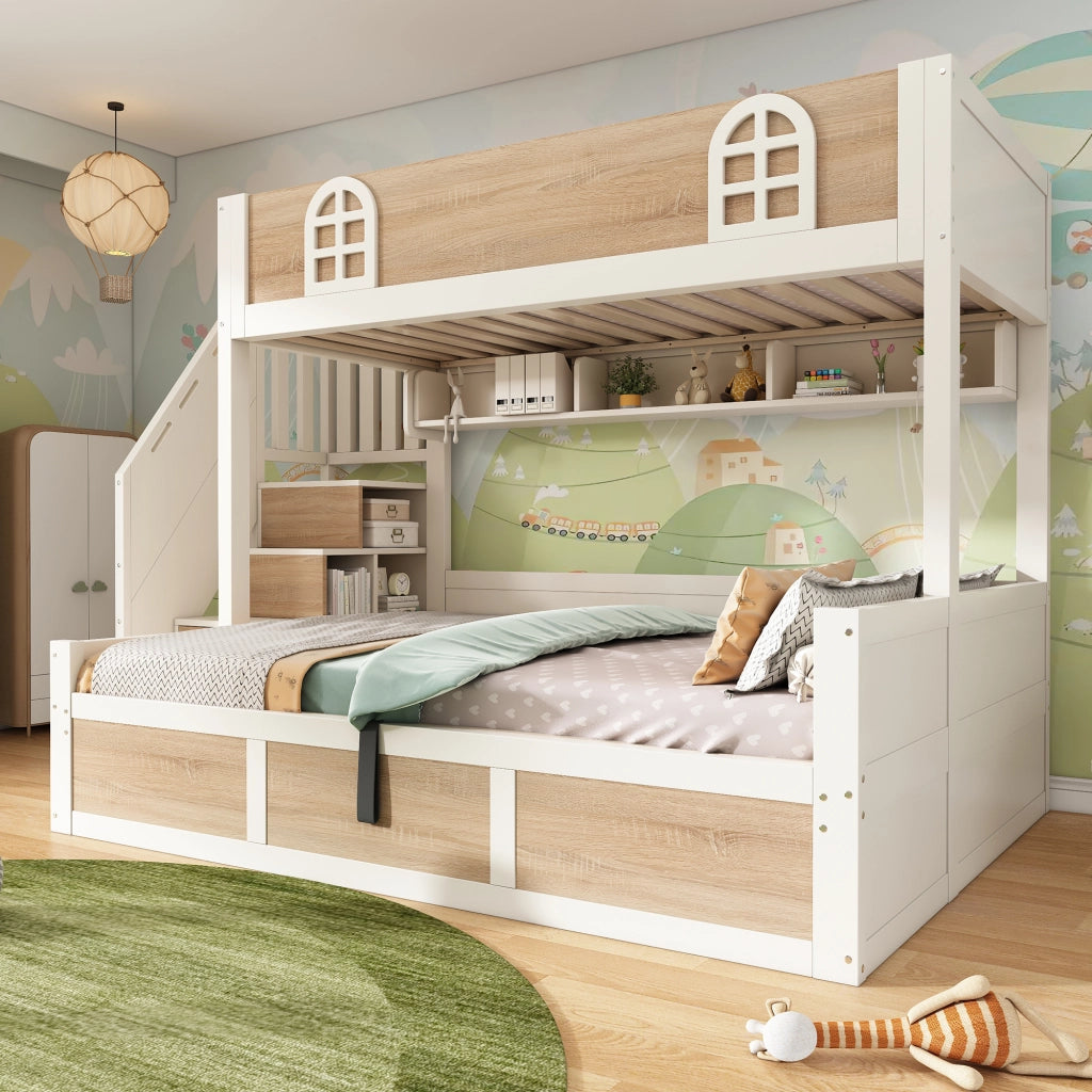 DESMIU Letto a castello bambino 90 × 200 cm e 140 × 200 cm con contenitore, senza materasso, bianco e naturale