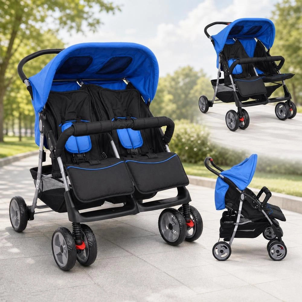 Twin Stroller, Steel, Blue And Black