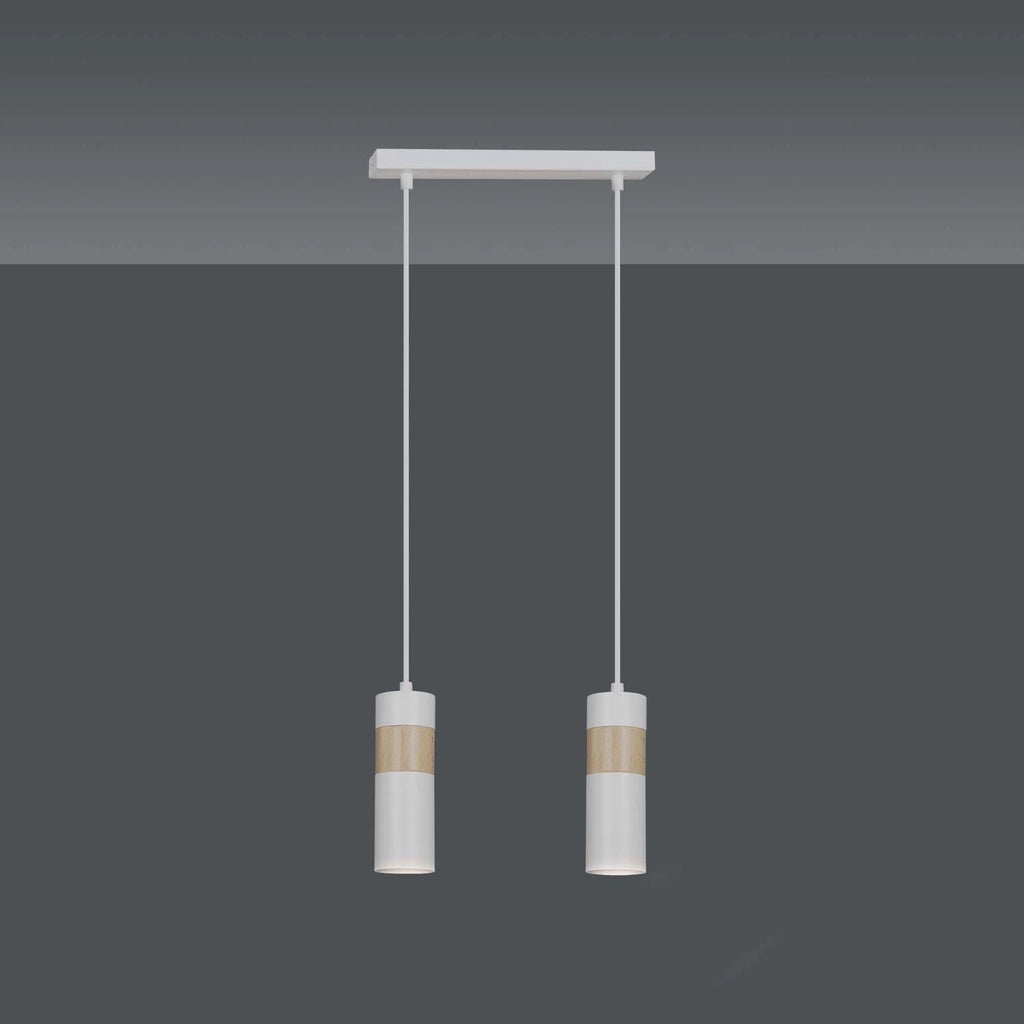 Lampadario 2 Luci Change In Acciaio Bianco A Cilindro Con Legno Naturale