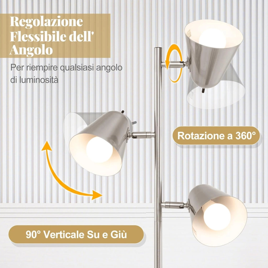 Lampada da Terra Salotto Moderna con 3 Lampadine e Paralumi Regolabili, Interruttore Indipendente, Lampada a Stelo in Metallo con Base Stabile per Camera da Letto e Ufficio (Argento)