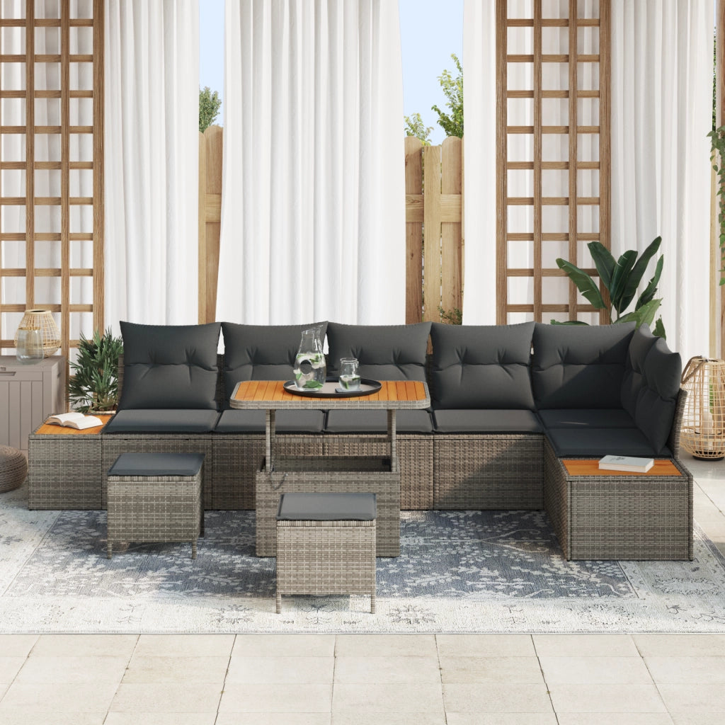 Set di Divani da Giardino a 9 Pezzi con Cuscini Grigio Rattan Acacia