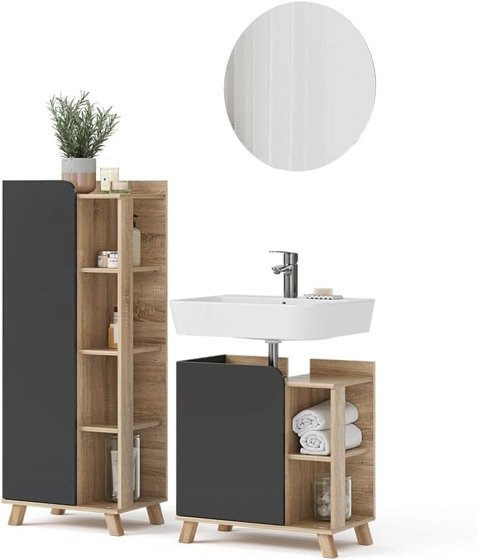 Set di mobili da bagno Karen, Sonoma/antracite, 60 cm, composto da mobile sottolavabo, specchiera e colonna alta
