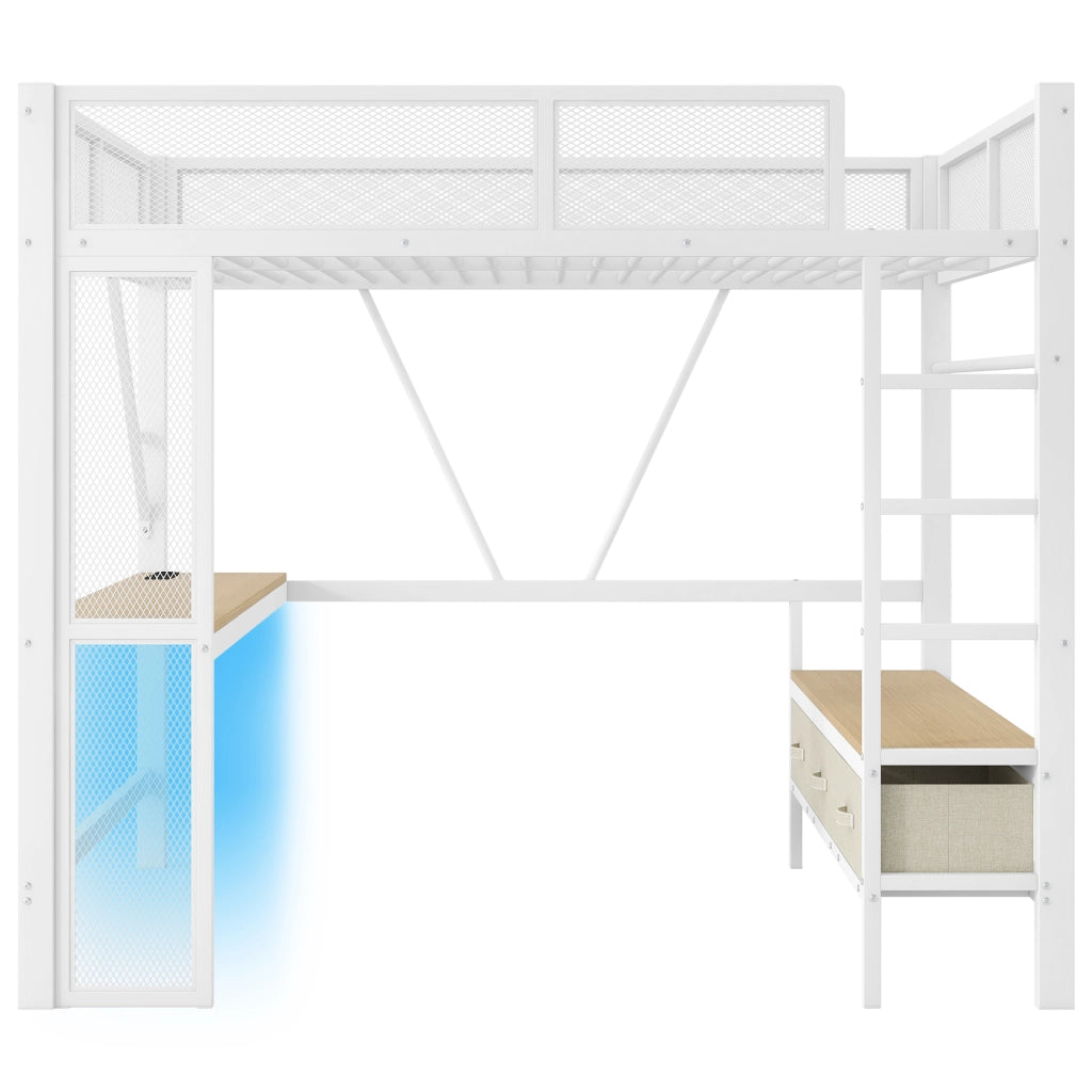 LETTO a soppalco con scrivania, LED e cassetti 140x200 cm Bianco Metallo/MDF