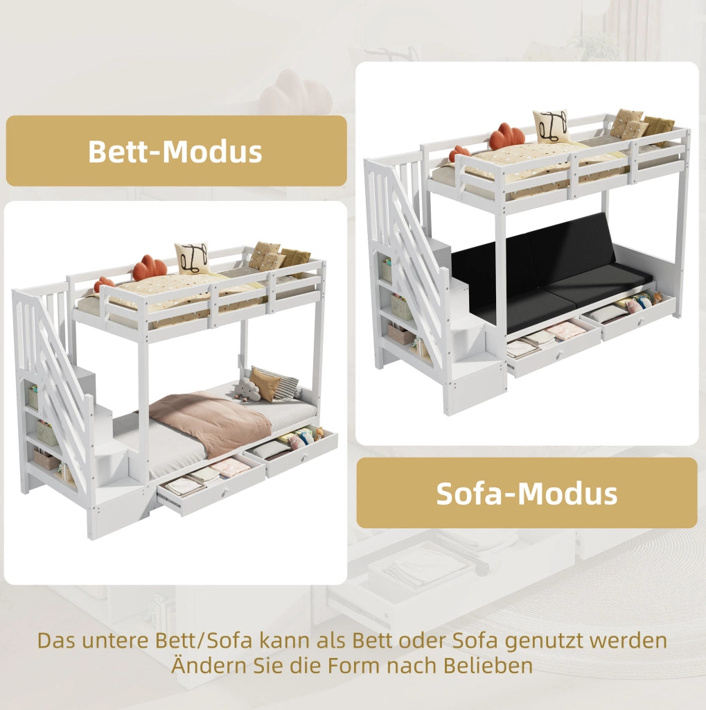 Letto a soppalco per bambini con divano regolabile; scaletta contenitore e 2 cassetti; 90x200 cm; bianco