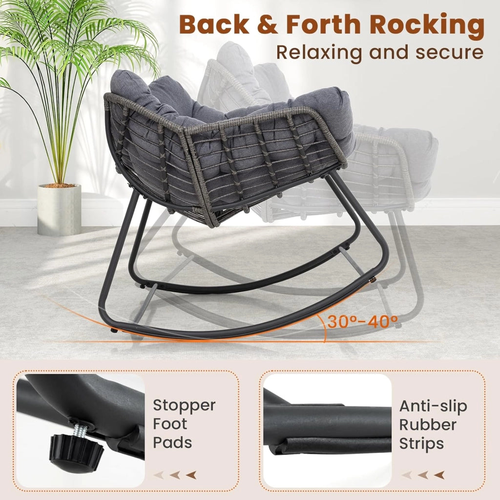 Sedia a Dondolo con Cuscino, Sedia da Relax Ampia e Avvolgente, con Struttura in Metallo, Seduta in Rattan, Cuscino Morbido Imbottito, per Soggiorno, Studio, Balcone, Nero (Grigio)