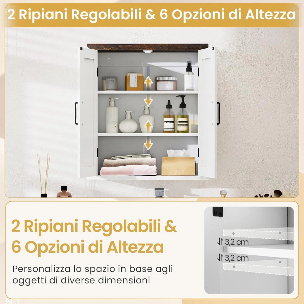 Mobile da Parete per Bagno, Mobiletto Salvaspazio Farmhouse per Farmacia con 2 Ante e Ripiani Regolabili, Specchio Contenitore per Soppalco Sopra il WC per Cucina, Lavanderia e Ingresso