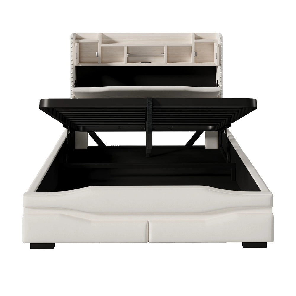 Letto Imbottito Contenitore con LED e USB ¨C MINIMAL ¨C Beige 140x200 Idraulico