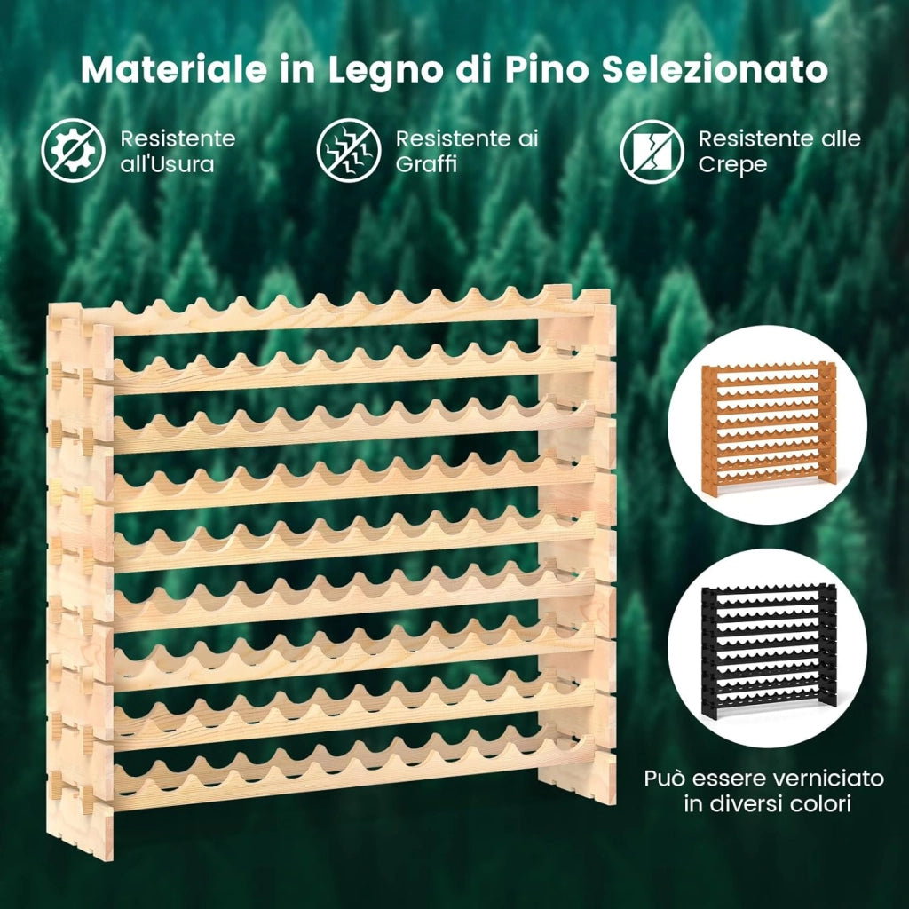 Portabottiglie di Vino da 9 Livelli per fino a 108 Bottiglie, Cantinetta Portabottiglie di Vino in Legno di Pino Naturale, Scaffale Espositivo da Pavimento per Vino da Bar (120 x 29 x 106 cm)