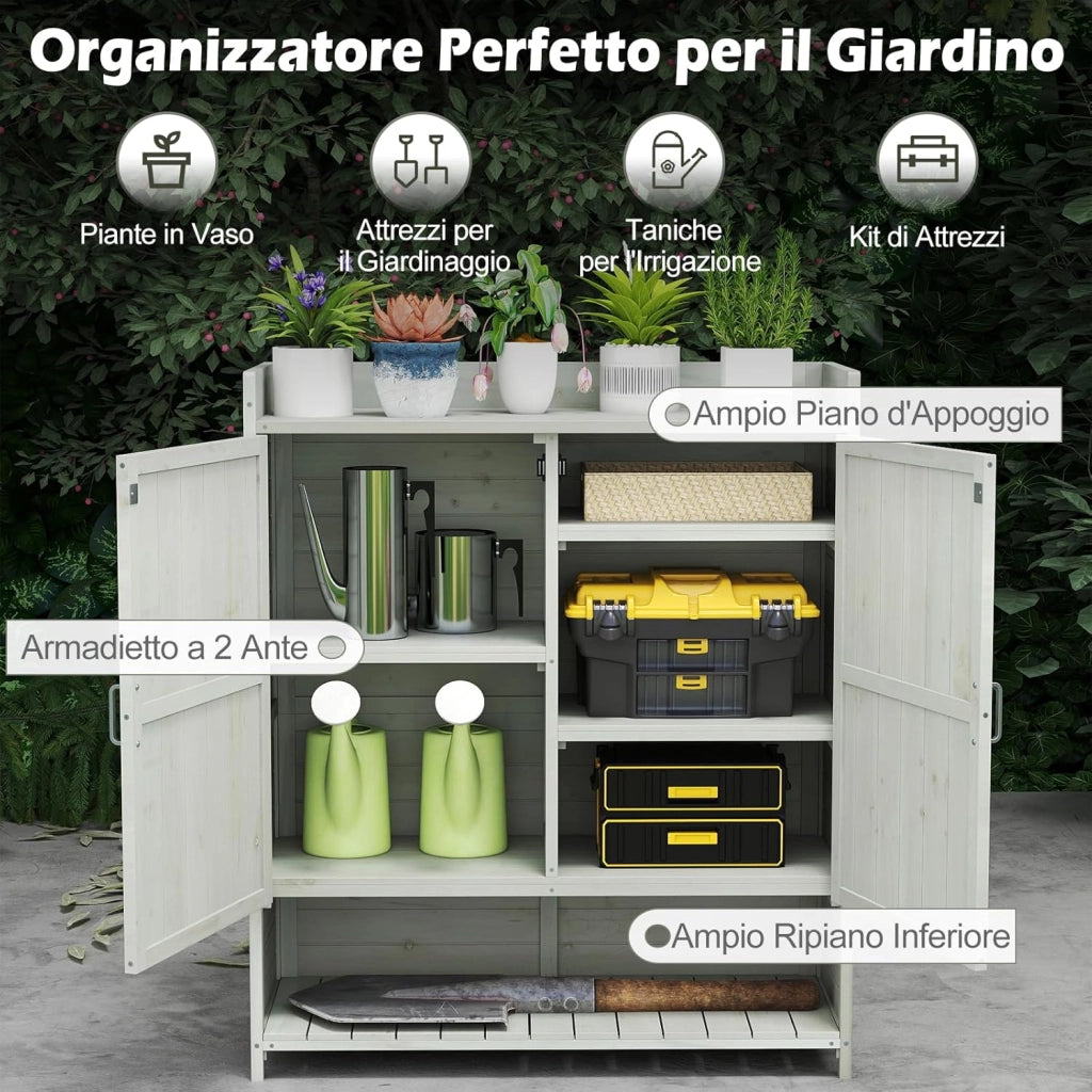 Armadio da Esterno in Legno Massello con Ripostiglio, Ripiani Rimovibili, 2 Ante e Piano di Lavoro per Piante, Armadietto Multiuso da Giardino, Prato e Cortile