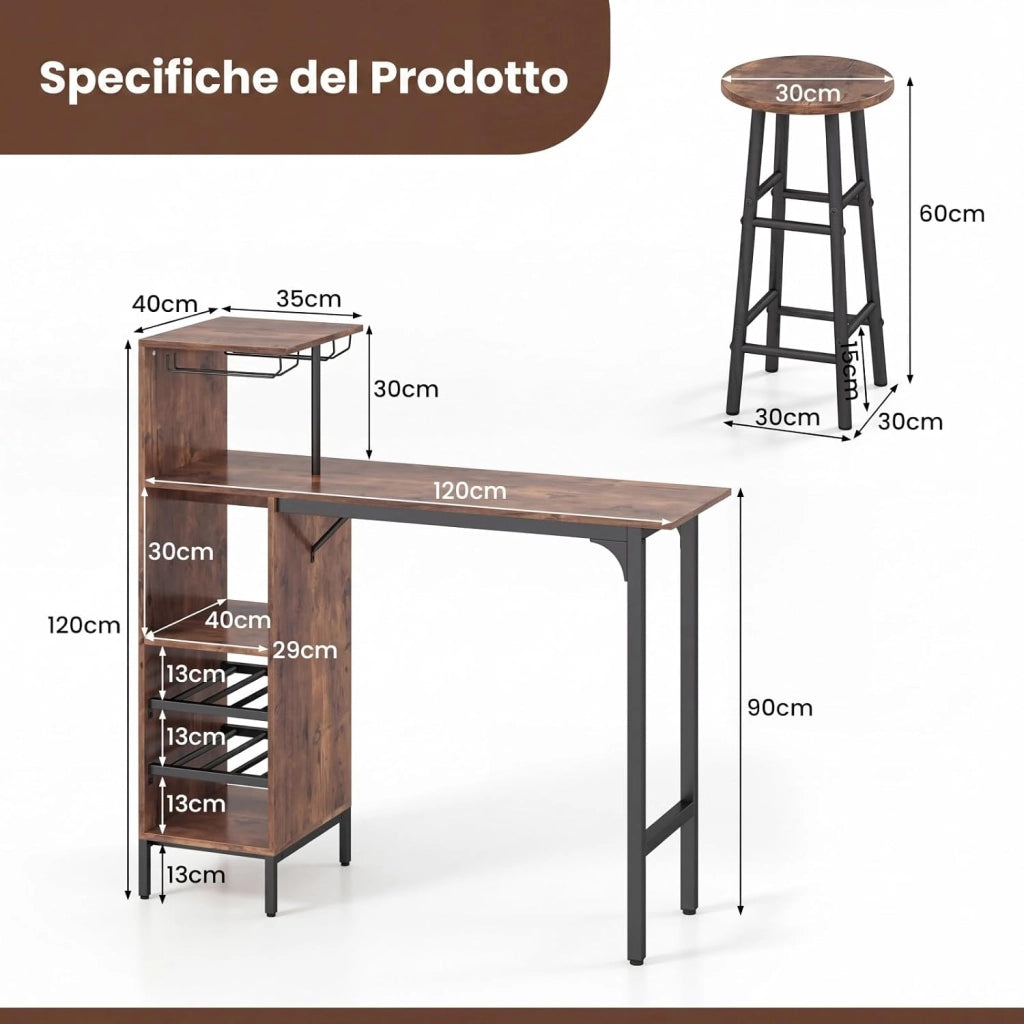 Set 3 Pezzi Tavolo e Sedie da Bar, Tavolo e Sgabelli da Pub Industriale con Porta Calici e 6 Portabottiglie da Vino, Set di Tavolo per Sala da Pranzo, Ristorante e Bar (Caffè)