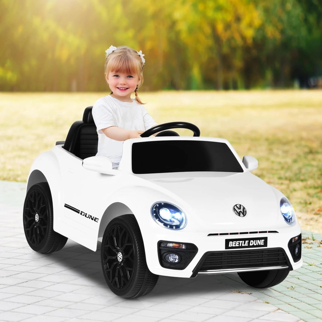 Macchina Elettrica per Bambini Volkswagen Beetle Maggiolino 12V con Telecomando, Auto Elettrico a Pedale, Veicoli con Musica, Fari LED e Clacson, 3-5km/h, Carico 30 kg, 3-8 Anni (Bianco)