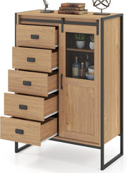 Credenza Cucina Salvaspazio, Mobiletto in Legno con Anta Scorrevole, 5 Cassetti e Ripiani Regolabili a 3 Livelli, Armadietto Portaoggetti per Sala da Pranzo, 84 X 40 X 120 CM (Naturale)