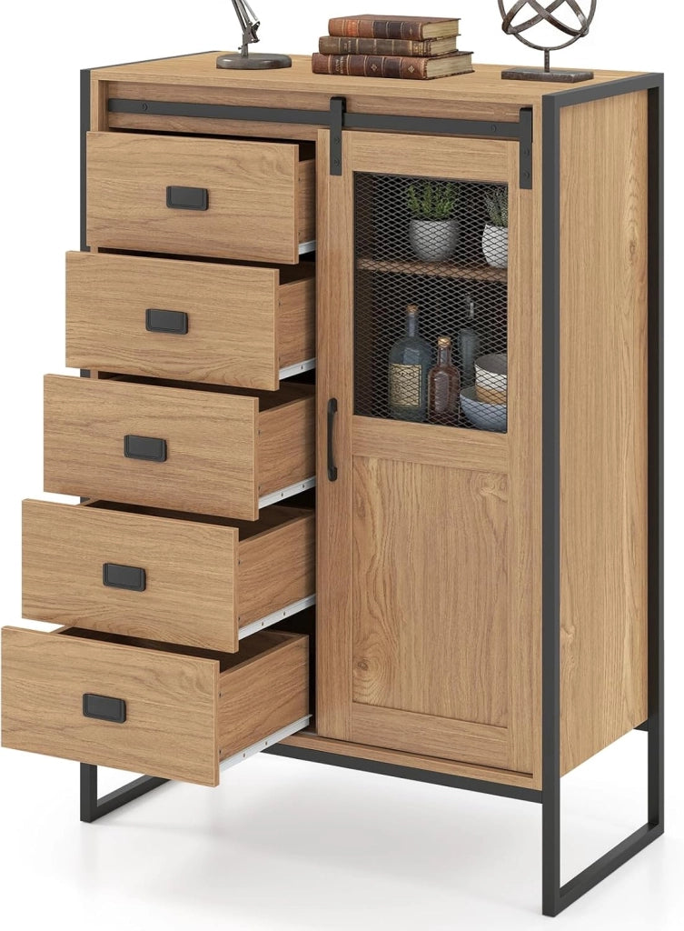 Credenza Cucina Salvaspazio, Mobiletto in Legno con Anta Scorrevole, 5 Cassetti e Ripiani Regolabili a 3 Livelli, Armadietto Portaoggetti per Sala da Pranzo, 84 X 40 X 120 CM (Naturale)